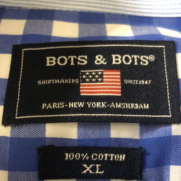 Bots & Bots shirt XL 100% cotton blue white gingham short sleeve button logo'd - Picture 3 of 9